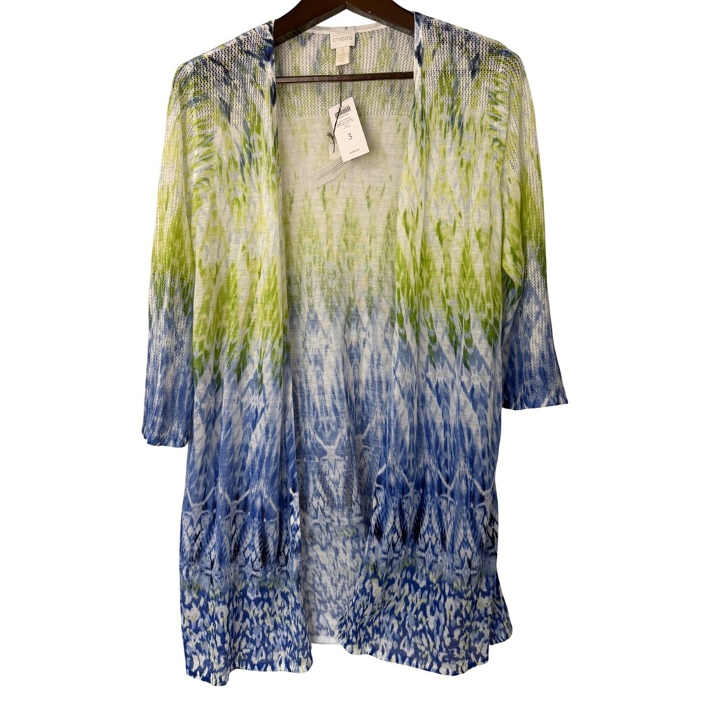 Chico's Rebecca Cardigan Sweater 3/4 Sleeve Multi Color Diamond Size 3 NWT